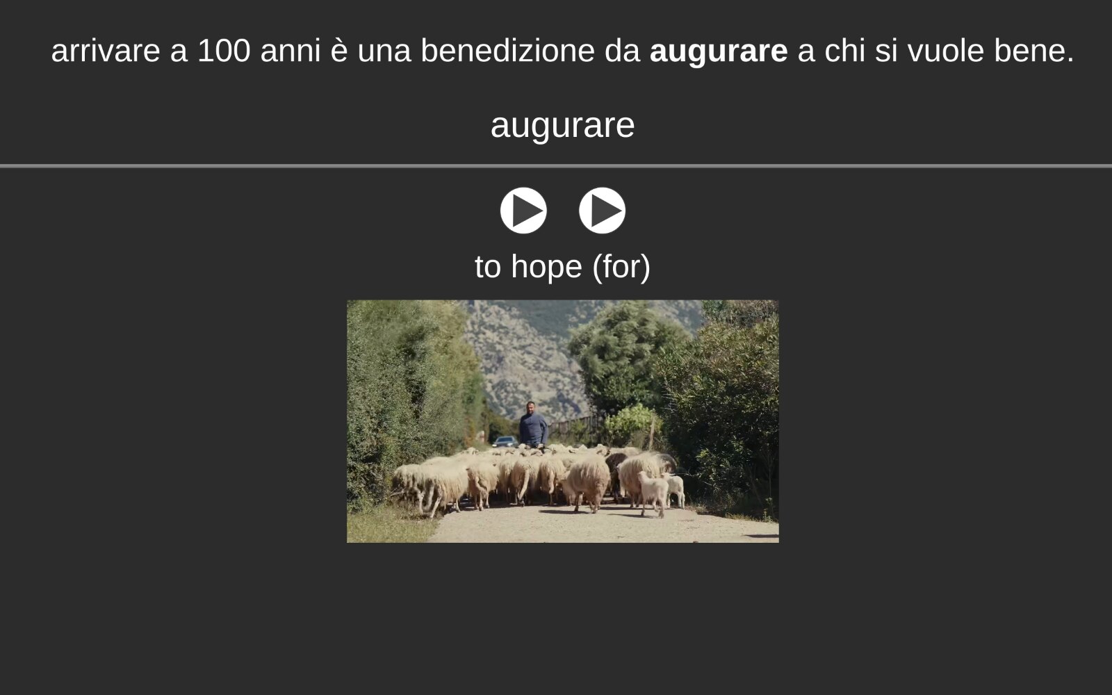 An
    Anki card holding the Italian sentence with the target word in bold, the
    word itself, two play buttons, the definition and the frame from the
    video.
